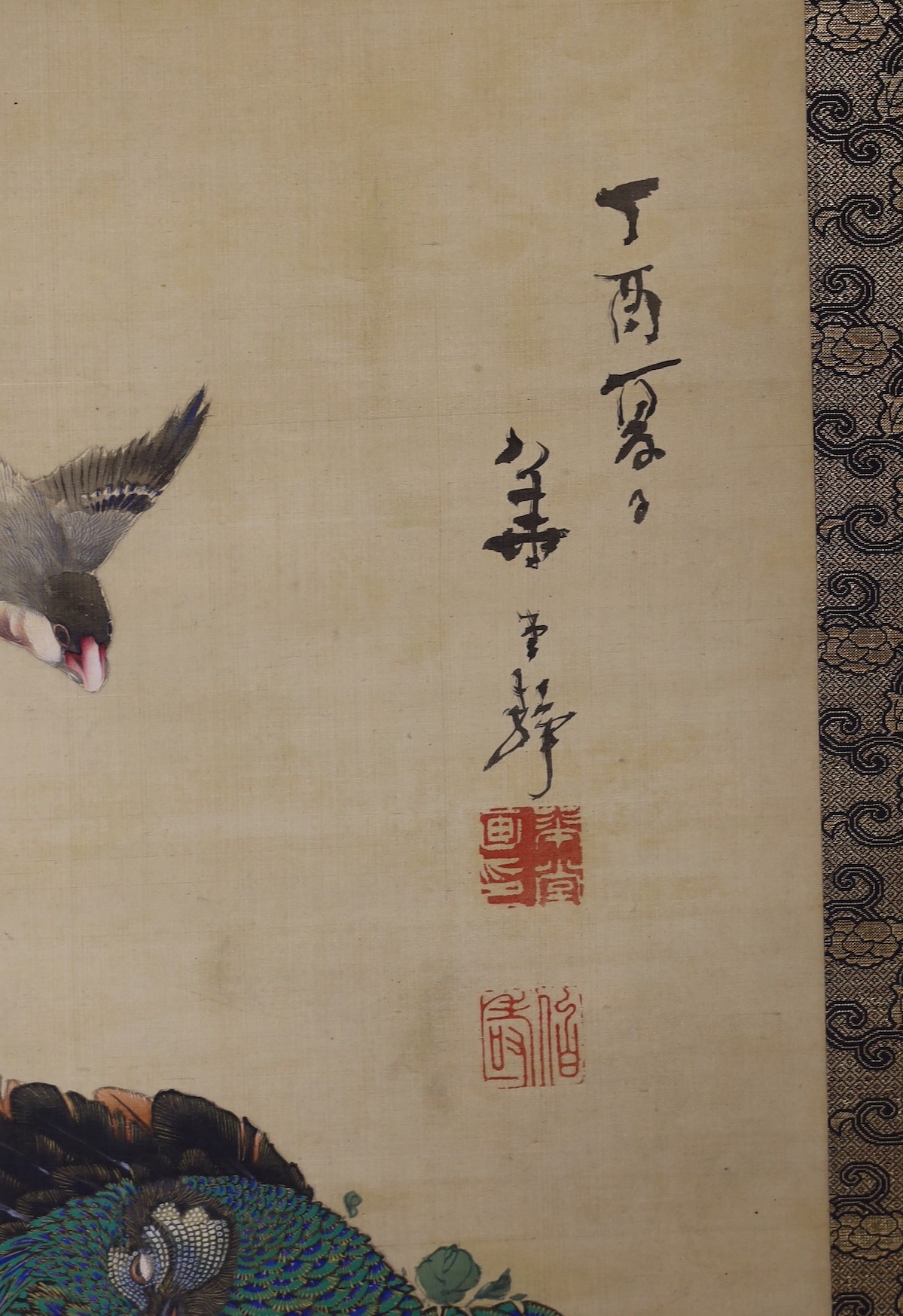 A Japanese scroll painting on silk of birds, Meiji period, bone scroll ends, Image of 137cm X 71 cm